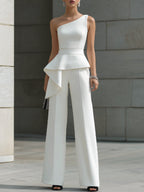 Asymmetric One-Shoulder Peplum Top & Wide-Leg Pants Set