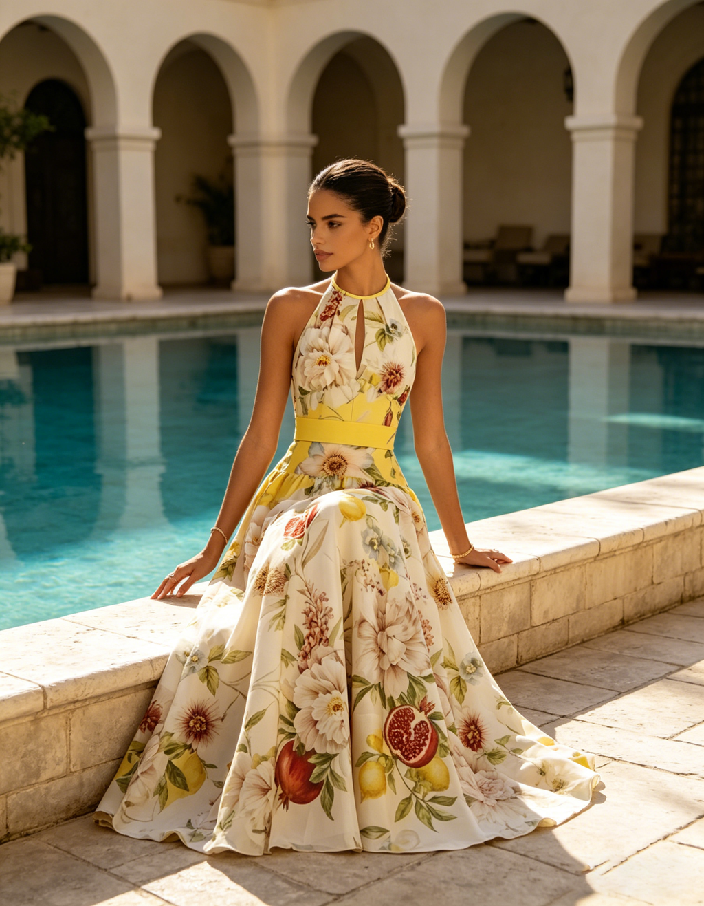 Yellow Floral Chiffon Halter Neck Sleeveless A-Line Maxi Dress