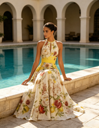 Yellow Floral Chiffon Halter Neck Sleeveless A-Line Maxi Dress