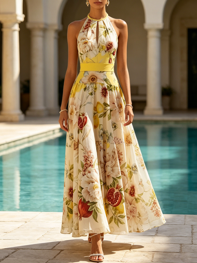 Yellow Floral Chiffon Halter Neck Sleeveless A-Line Maxi Dress