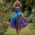 Women's Retro Floral Embroidery Gradient Pattern Round Neck Short Dress