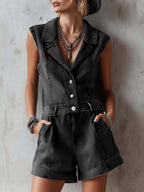 Women's Sleeveless Casual Loose Denim Jumpsuit With Lapel Collar