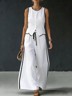 Women's Color-blocked Sleeveless Single-breasted Vest And Drawstring Trousers Set