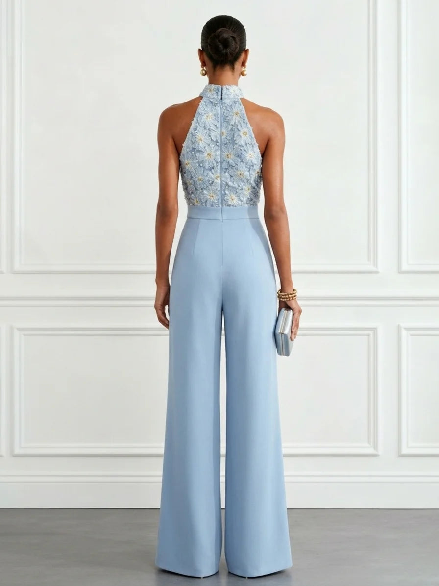 Women Light Blue 3D Floral Halter Neck Sleeveless Dressy Jumpsuit