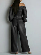 Women's Off-the-shoulder Long-sleeved Casual Loose Denim Top And High-waisted Wide-leg Jeans Set.