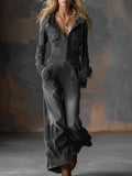 Women's Lapel Long-sleeved Casual Loose Hooded Denim Jumpsuit