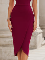 Deep V-Neck Short Sleeve Wrap Hem Bodycon Midi Dress