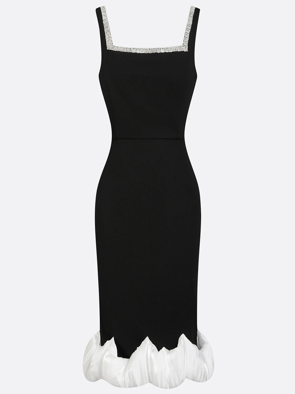 Black Rhinestone Ruched Knit Square Neck Sleeveless Bodycon Midi Dress