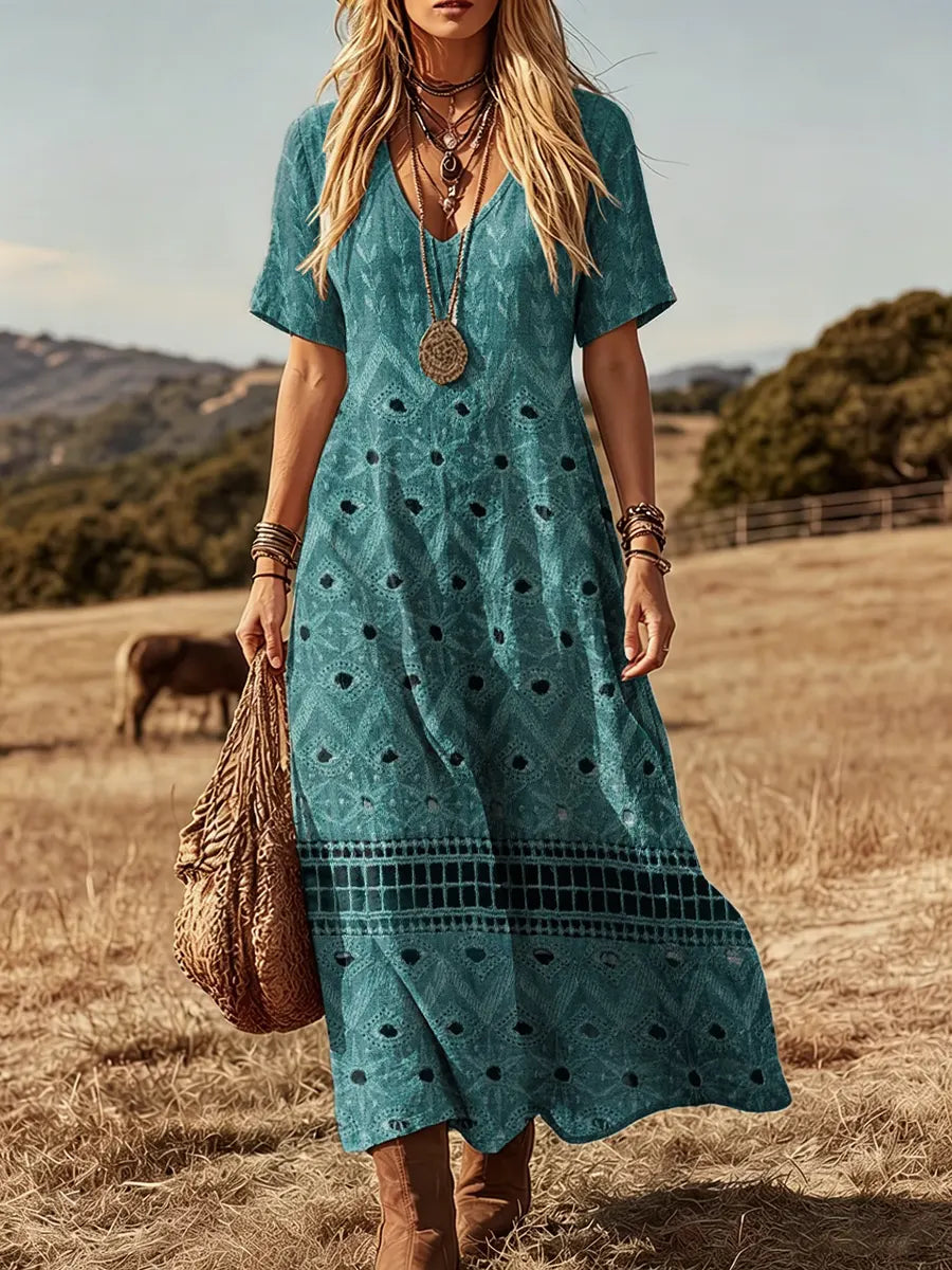 Women's Ethnic Art Print V-Neck Short-Sleeve Pockets Cotton Dress