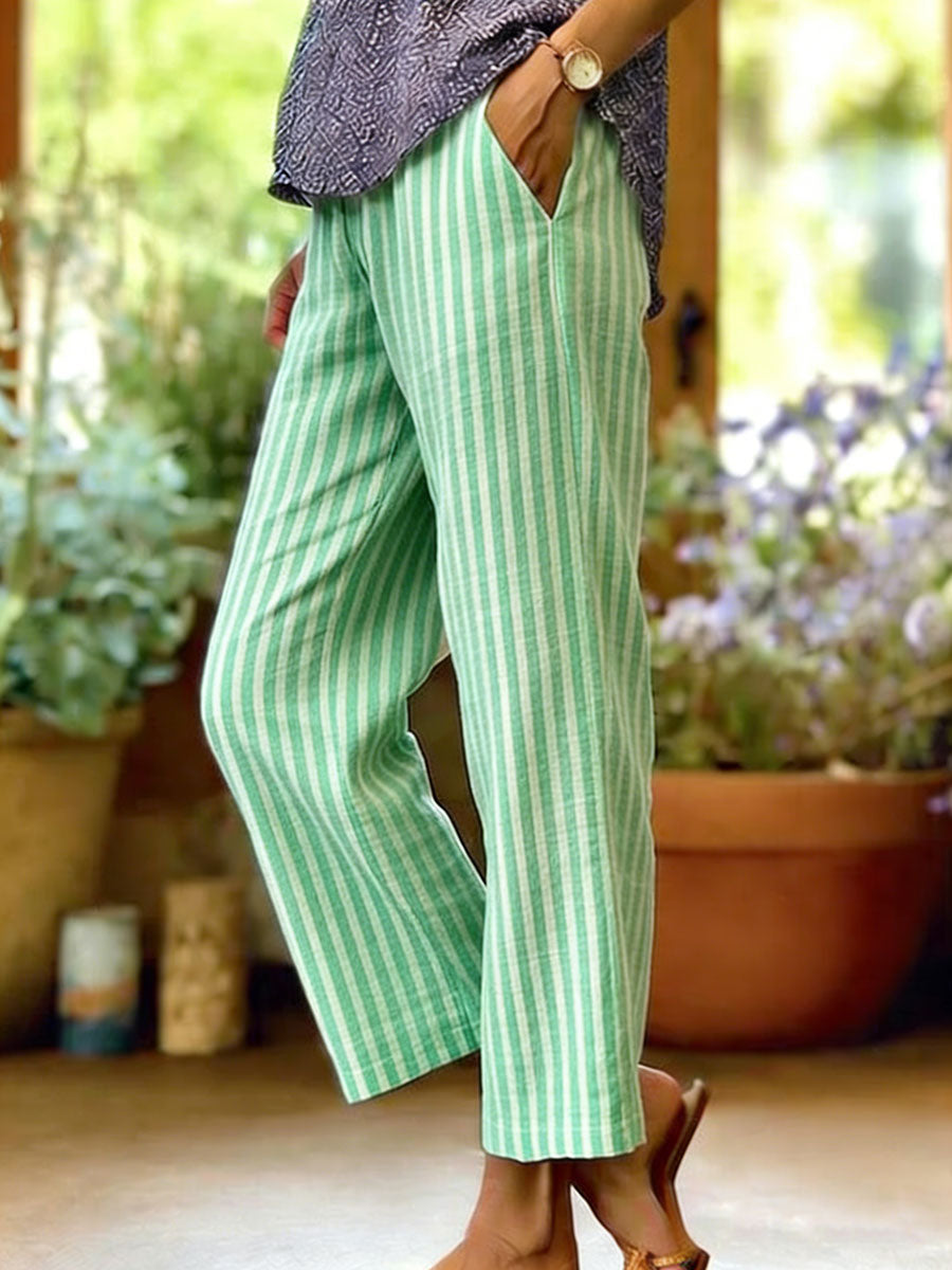 Women's Stripe Cotton-linen Solid Color Elastic Waist Pockets Straight Leg Loose-fit Casual Trousers