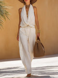 Women's Elegant Vacation White Cowl Neck Top And Wide-leg Trousers Set