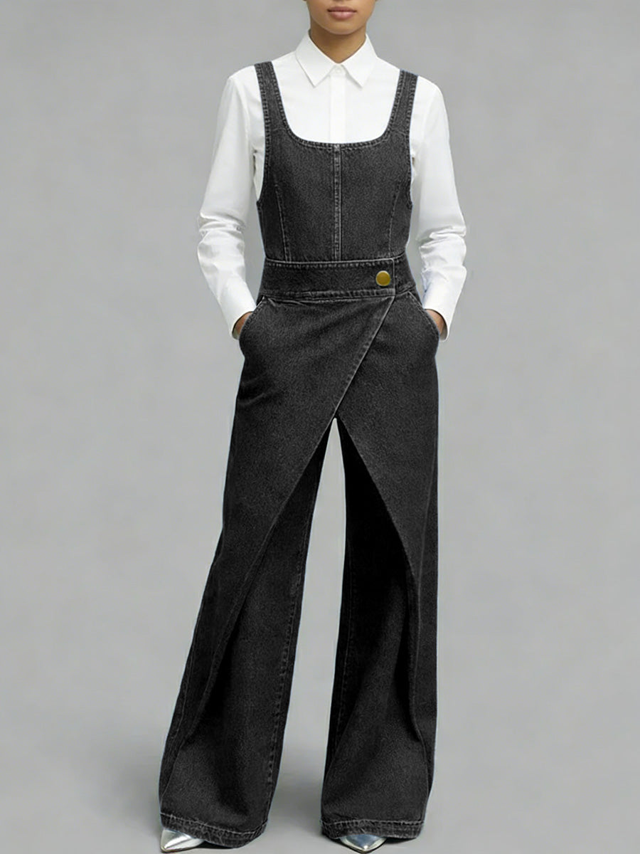 Women's Square-neck Sleeveless Loose-fitting Denim Wide-leg Jumpsuit