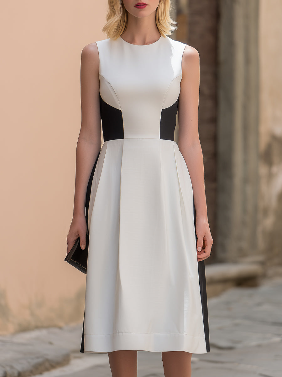 Contrast Panel Structured A-Line Midi Dress