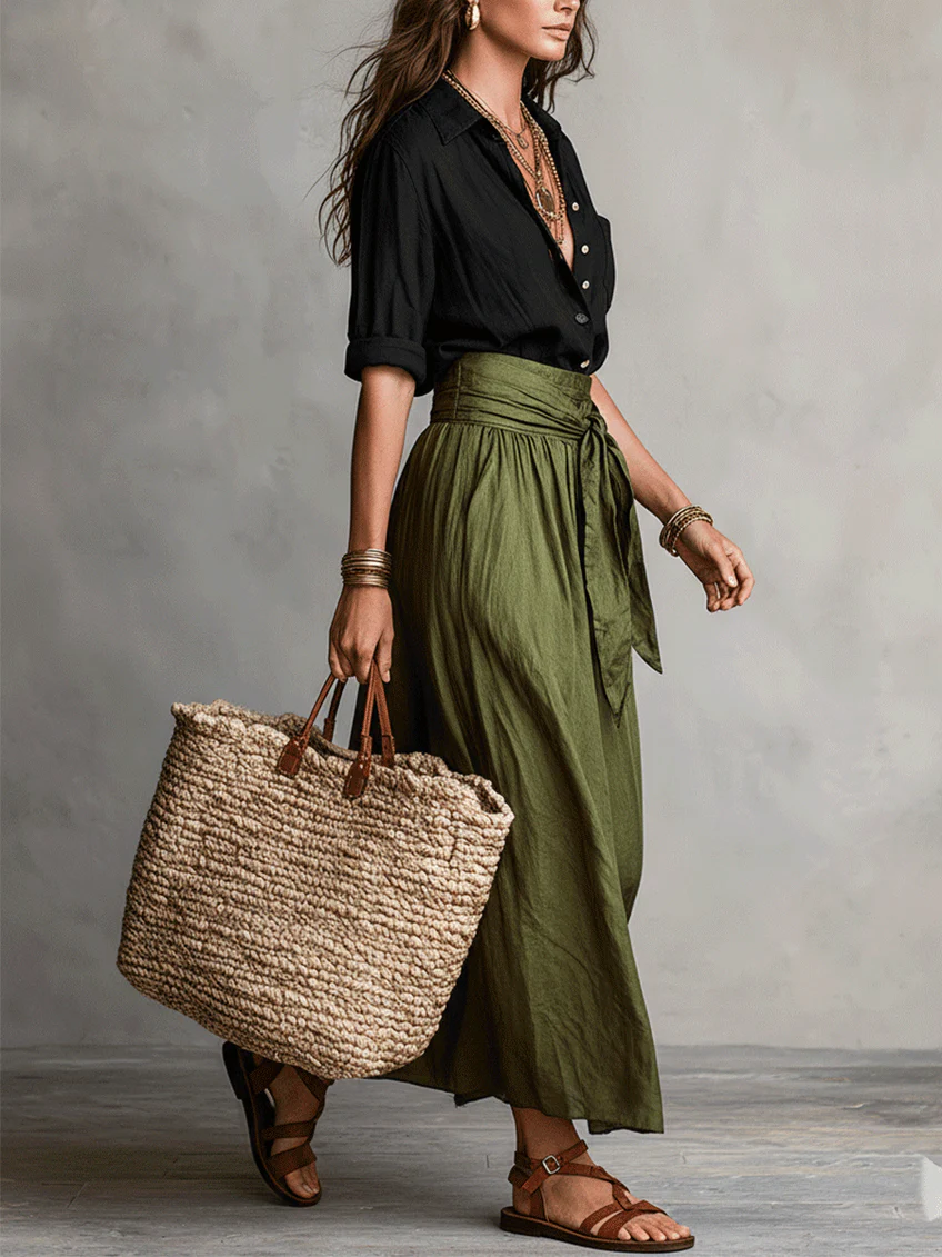 Minimalist Elegant Button-up Shirt And Tie-waist Skirt Two-piece Set