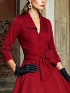 Midi Cotton Dress, Half Sleeve, Shawl Collar, Plain, Button Design, French Vintage, Red