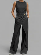 Women's Relaxed Round Neck Sleeveless Casual Loose Denim Wide-leg Jumpsuit