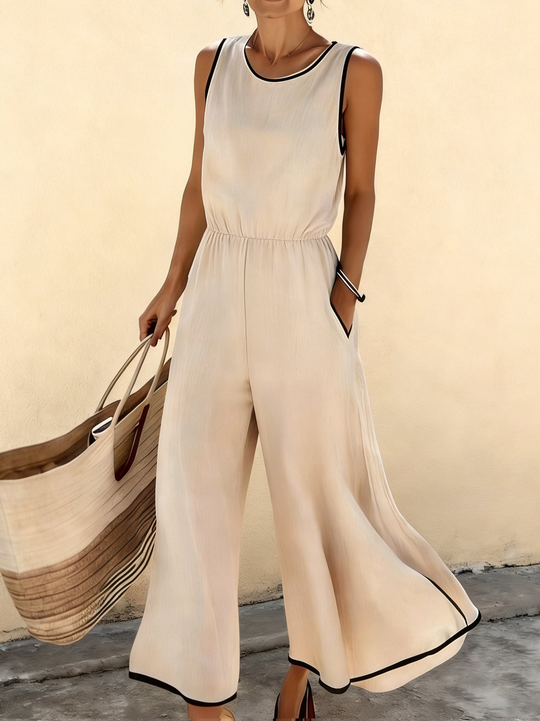 Women's Flowy Color-blocked Casual Sleeveless Cotton Linen Jumpsuit
