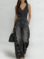 Women's V-neck Sleeveless Casual Loose Denim Wide-leg Jumpsuit