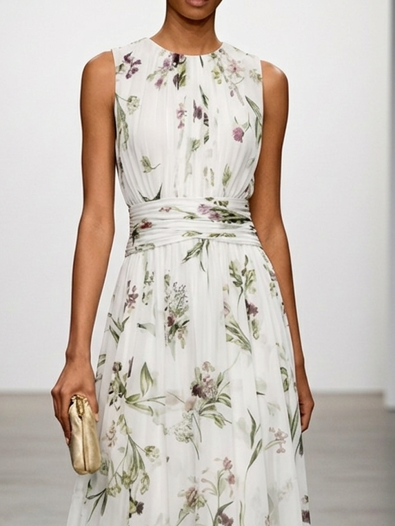 White Floral Chiffon Crew Neck Sleeveless A-Line Maxi Dress