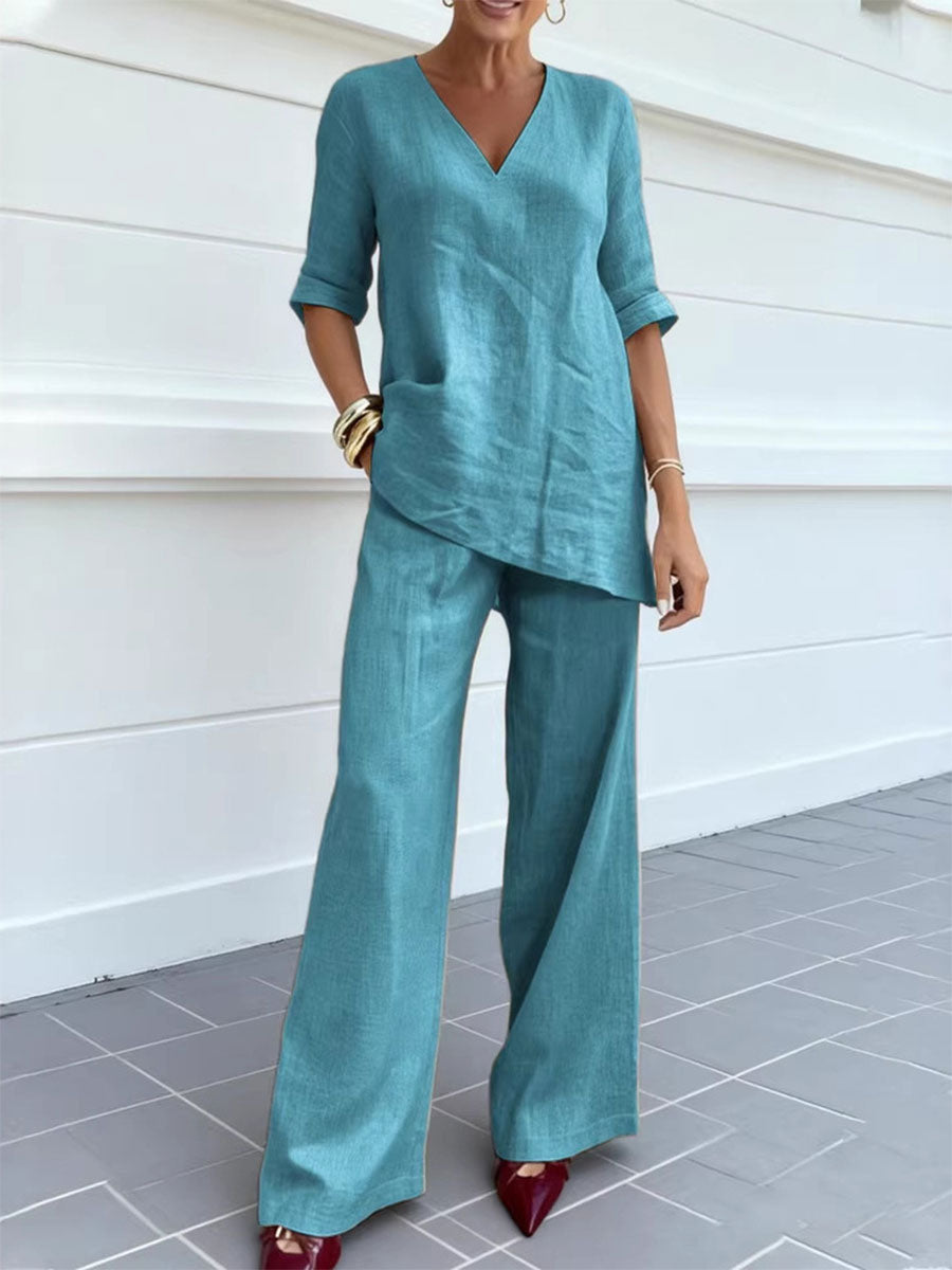 Women's Irregular Loose Solid Color Short-sleeve Wide-leg Pants Two-piece Set