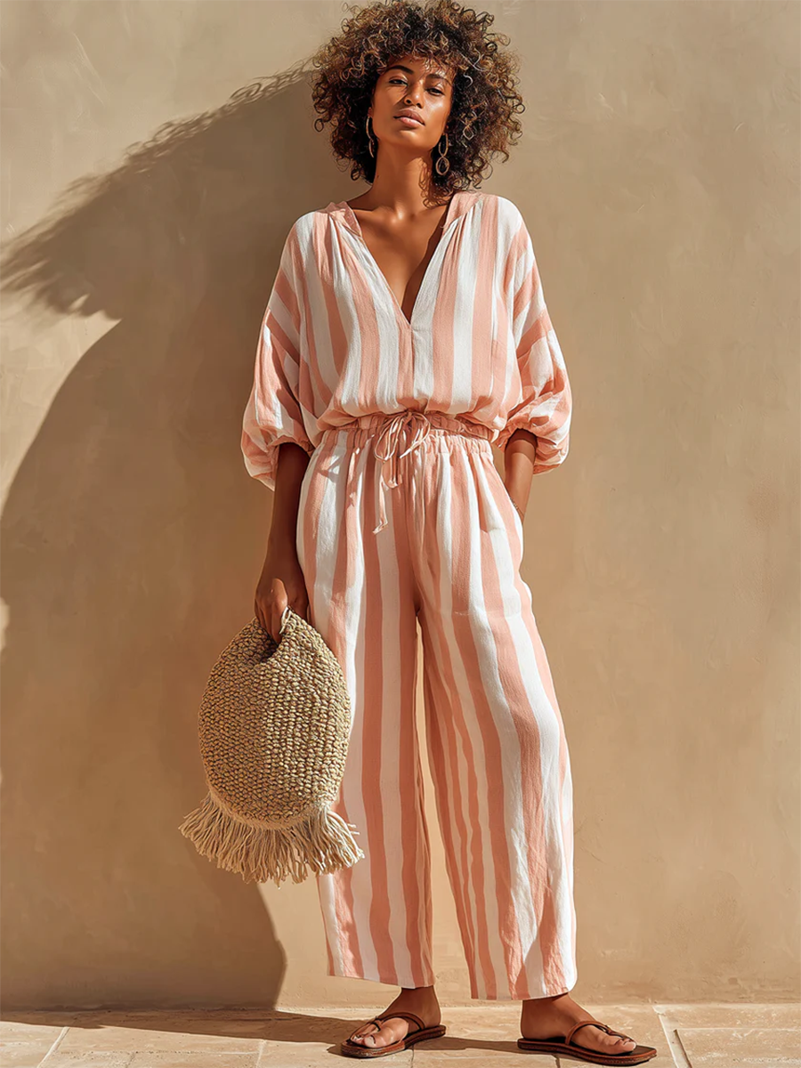 Cozy & Casual Vacation Striped Two-piece Set