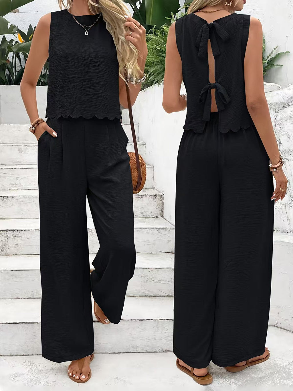 Women's Casual Round Neck Lace-up Top And Wide-leg Pants Set
