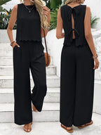 Women's Casual Round Neck Lace-up Top And Wide-leg Pants Set