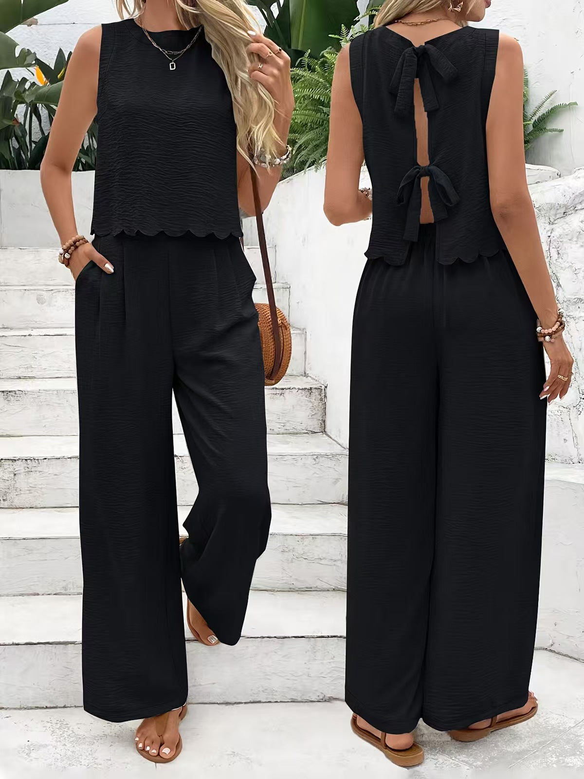 Women's Casual Round Neck Lace-up Top And Wide-leg Pants Set