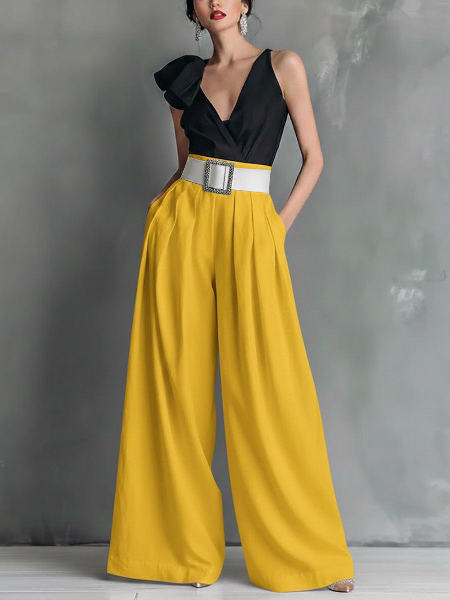 Women's Solid Color High-waisted Casual Loose Cotton Wide-leg Pants