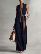 Women's V-neck Sleeveless Casual Loose Cotton Top And High-waisted Casual Loose Wide-leg Cotton Suit