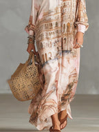 Pink Baroque Print Satin Shirt Maxi Dress
