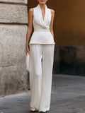 Draped Halter Peplum Top & Wide-Leg Trousers Elegant Set