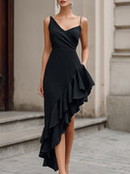 Asymmetric Ruffle Hem Slip Midi Dress