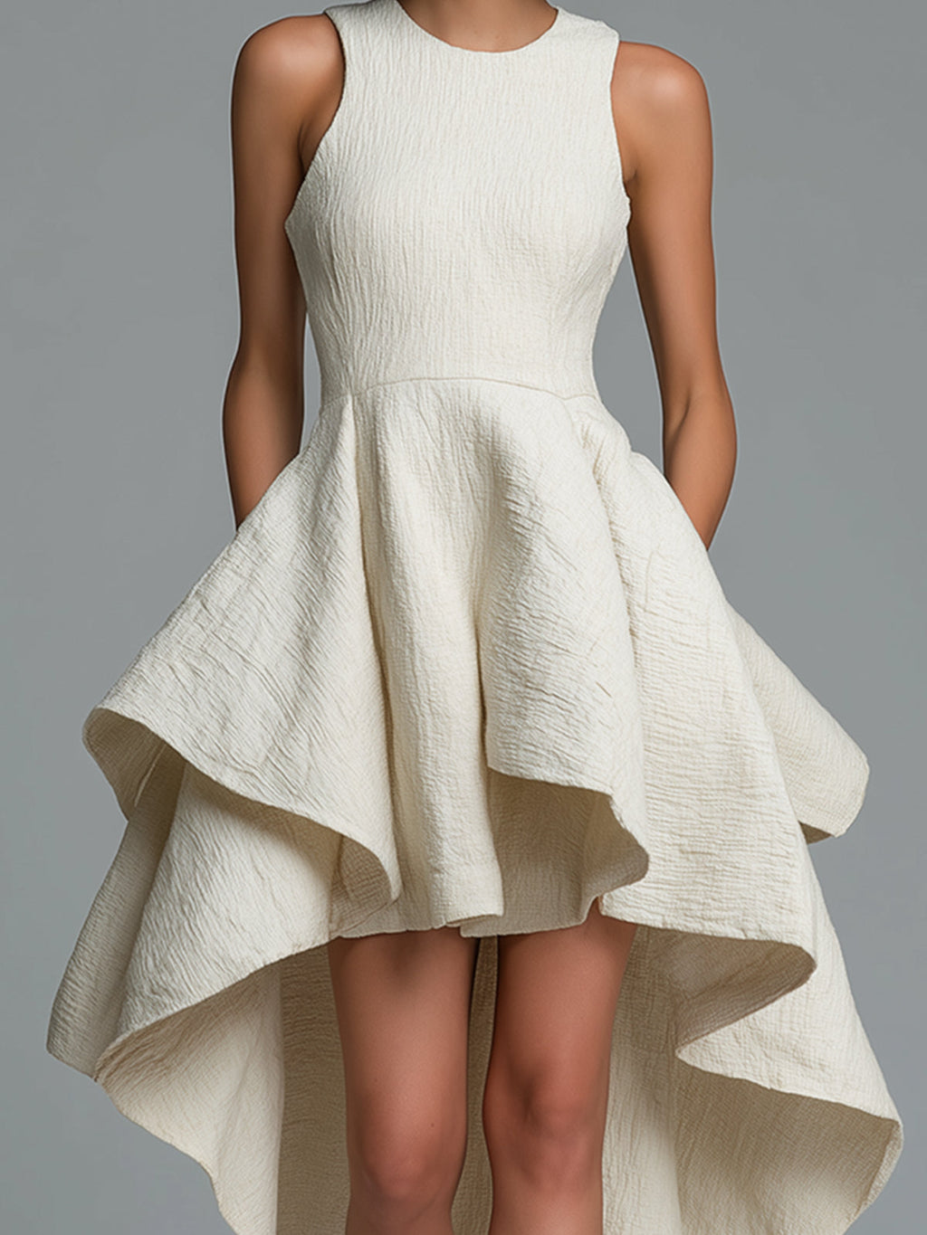 Elegant Off-white Round Neck Sleeveless A-line Midi Dress