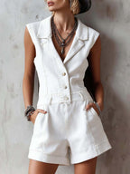 Women's Sleeveless Casual Loose Denim Jumpsuit With Lapel Collar