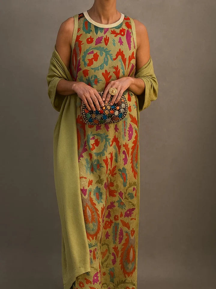 Elegant printed two-piece dress with cape