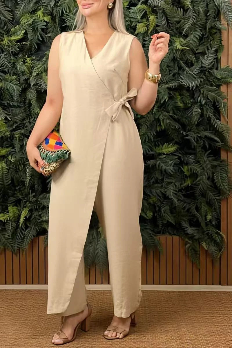 Women's Casual V-neck And Crisscross Straps Cotton Jumpsuit