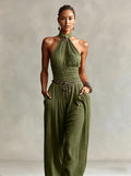 Bohemian-style Halter-neck Jumpsuit With Pin-tuck Waist And Draped Wide Legs