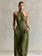 Bohemian-style Halter-neck Jumpsuit With Pin-tuck Waist And Draped Wide Legs