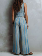 Women's Striped Print V-neck Sleeveless Casual Loose Cotton-linen Top And High-waisted Loose Wide-leg Pants Set