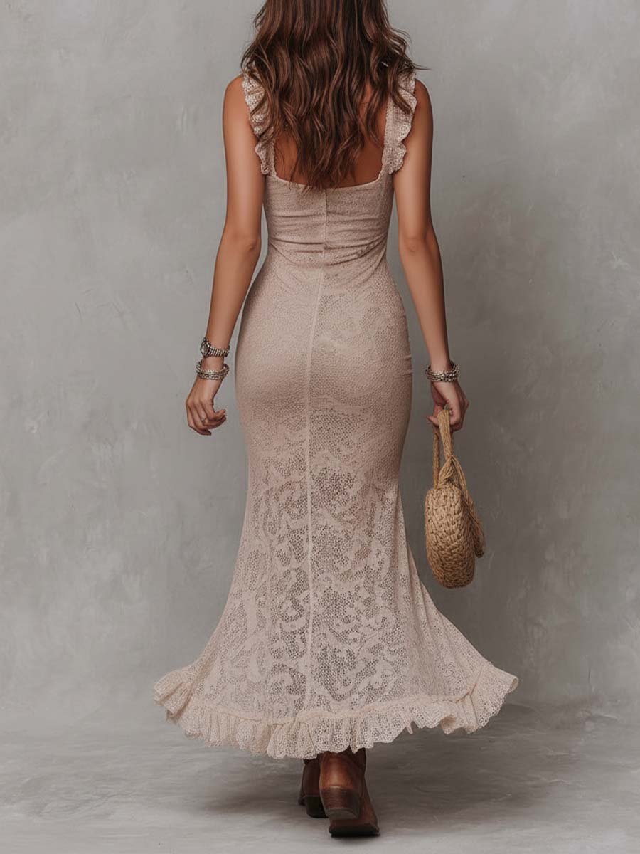 Vintage Lace Slit Hem With Ruffle Midi Dress
