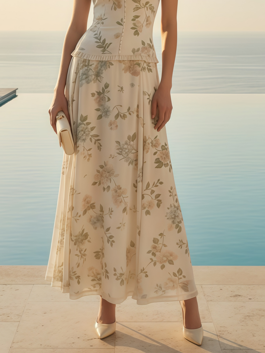 Women Off White Floral V Neck Sleeveless Romantic Top With Skirt Two-Piece Set