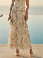 Women Off White Floral V Neck Sleeveless Romantic Top With Skirt Two-Piece Set