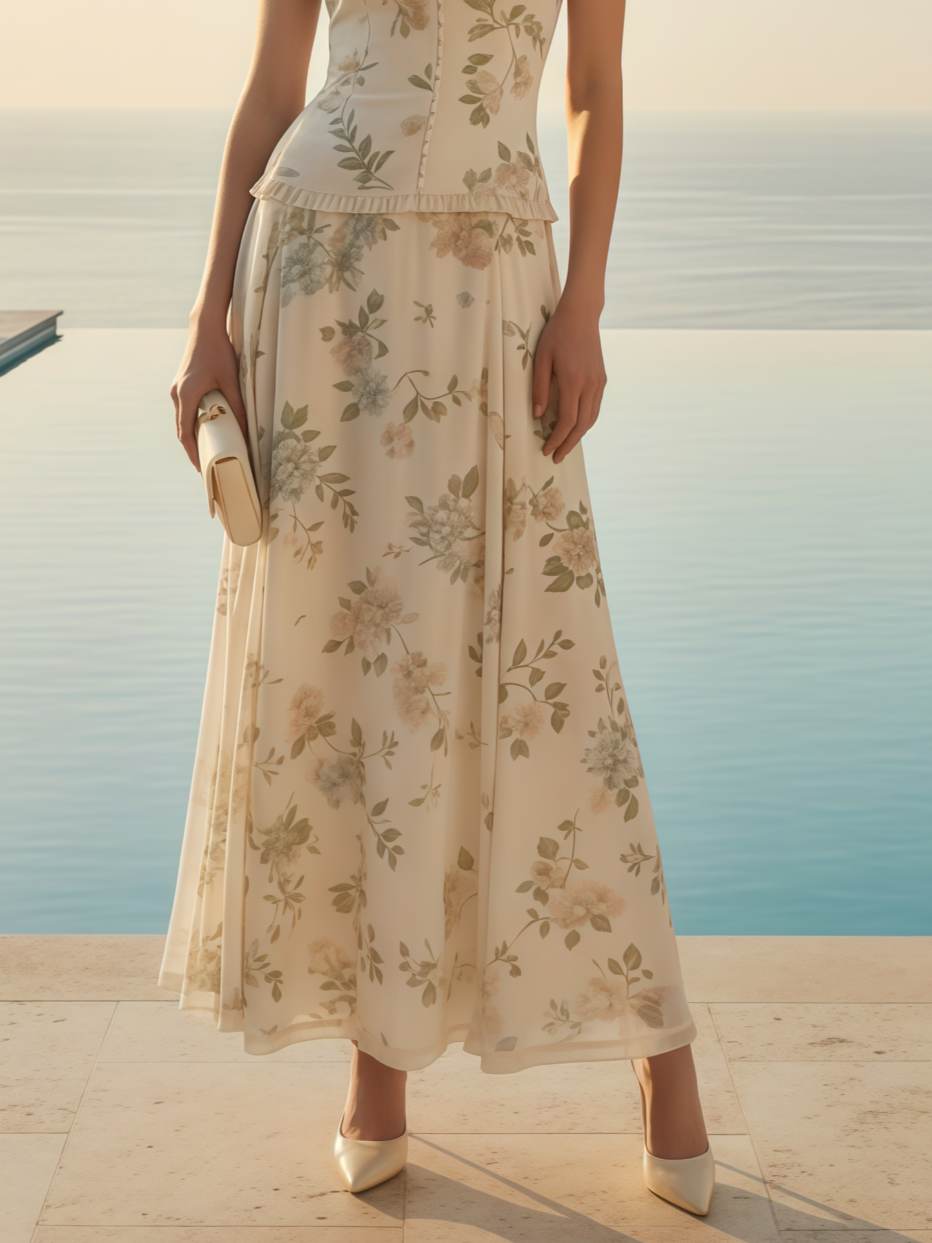 Women Off White Floral V Neck Sleeveless Romantic Top With Skirt Two-Piece Set