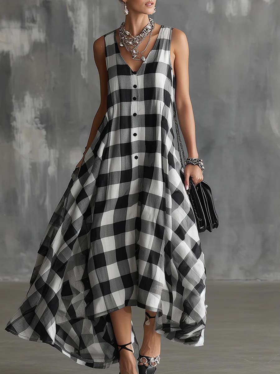 Women's V-neck Sleeveless Plaid Print Casual Loose Cotton Linen Dress