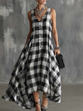 Women's V-neck Sleeveless Plaid Print Casual Loose Cotton Linen Dress