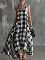 Women's V-neck Sleeveless Plaid Print Casual Loose Cotton Linen Dress
