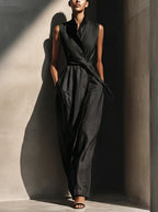Elegant Collared Sleeveless Linen Cotton Jumpsuit