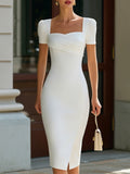 Structured Square-Neck Draped Bodice Midi Dress