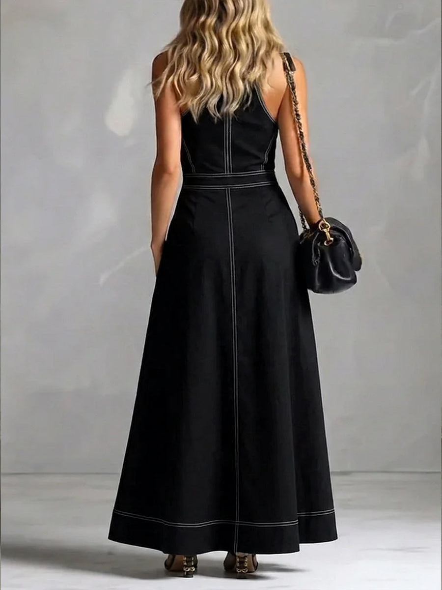 A-Line High Waisted Zipper Stand Collar Maxi Dresses